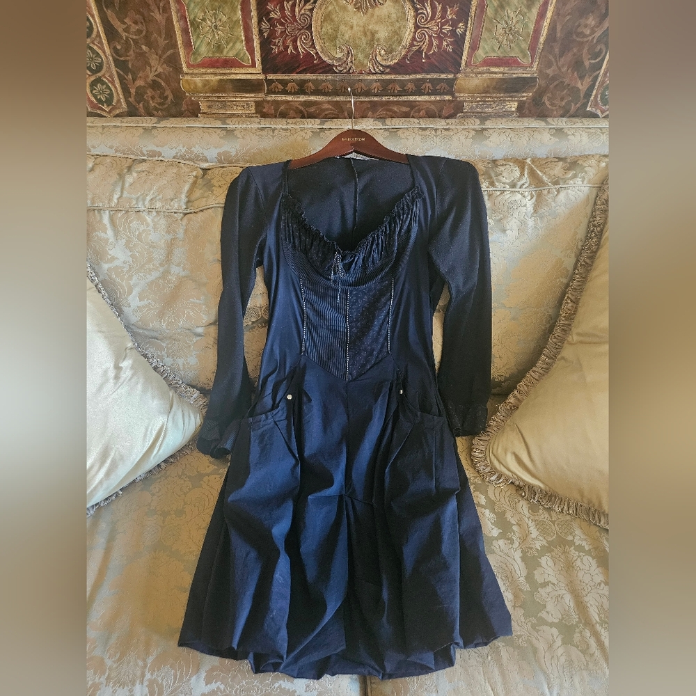 Long Sleeve Black/Gray Fit-and-Flare Dress with Scoop Detail